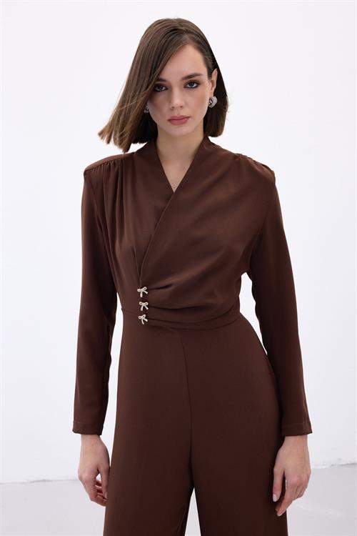 Wholesale Womens Brown Crepe Jumpsuit with Bow Accessory