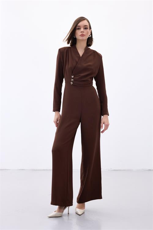 Wholesale Womens Brown Crepe Jumpsuit with Bow Accessory