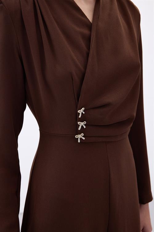 Wholesale Womens Brown Crepe Jumpsuit with Bow Accessory