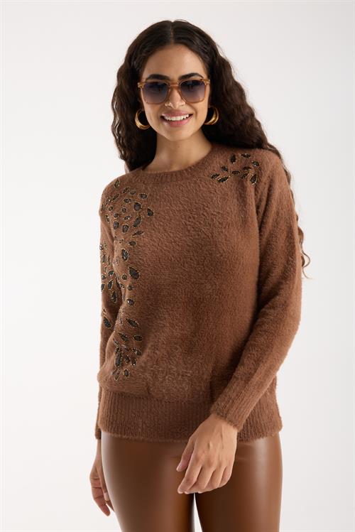 Wholesale Womens Brown Crew-Neck Knit Sweater with Beaded Embroidery