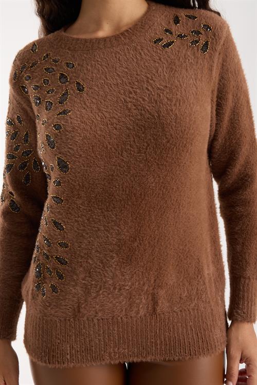 Wholesale Womens Brown Crew-Neck Knit Sweater with Beaded Embroidery