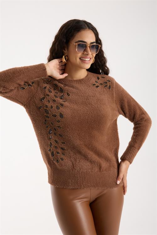 Wholesale Womens Brown Crew-Neck Knit Sweater with Beaded Embroidery