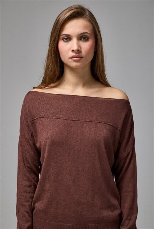 Wholesale Womens Brown Fine Knit Sweater with Boat Neck and Drop Shoulders