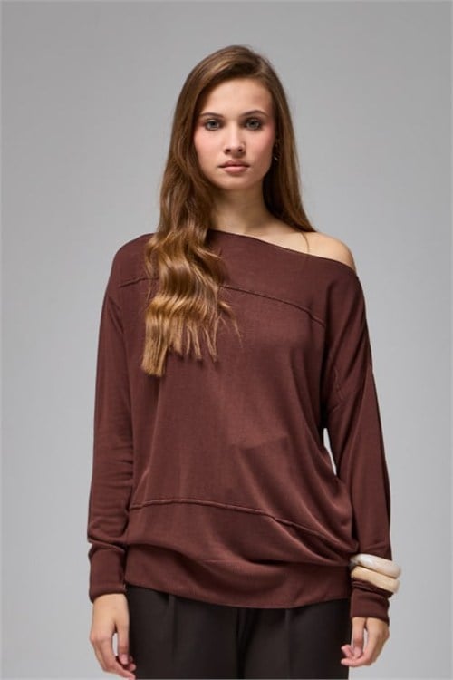 Wholesale Womens Brown Fine Knit Sweater with Boat Neck and Drop Shoulders