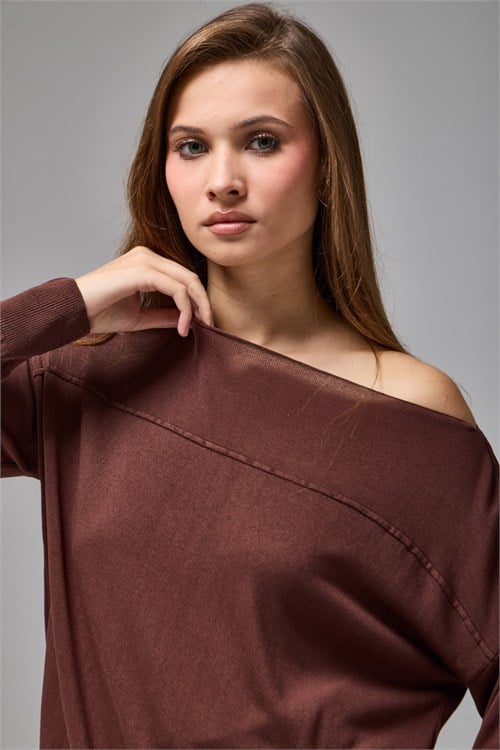 Wholesale Womens Brown Fine Knit Sweater with Boat Neck and Drop Shoulders