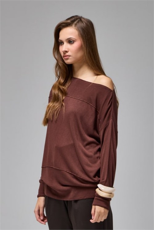 Wholesale Womens Brown Fine Knit Sweater with Boat Neck and Drop Shoulders