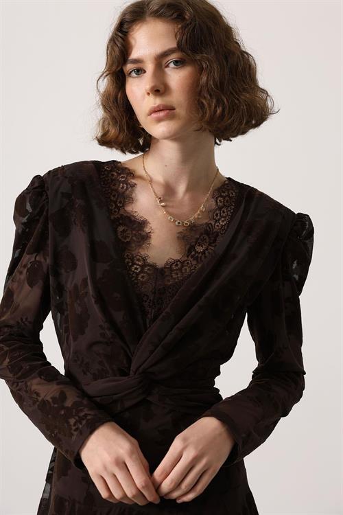 Wholesale Womens Brown Flocked Lace Dress with Lace Neckline