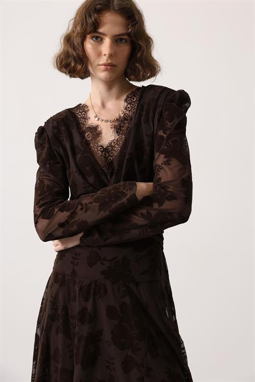 Wholesale Womens Brown Flocked Lace Dress with Lace Neckline