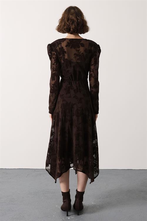 Wholesale Womens Brown Flocked Lace Dress with Lace Neckline