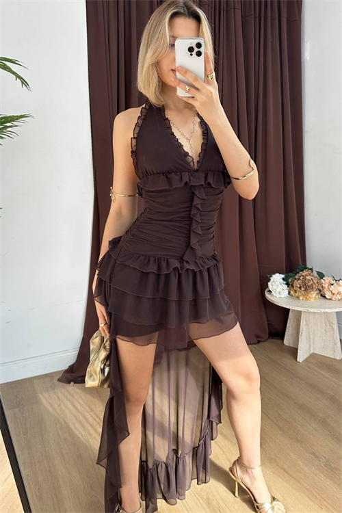 Wholesale Womens Brown Halter Neck High-Low Chiffon Mini Dress