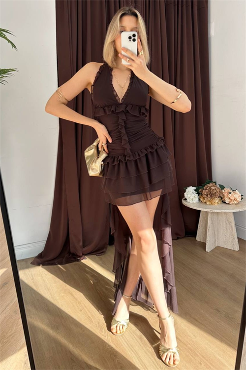 Wholesale Womens Brown Halter Neck High-Low Chiffon Mini Dress