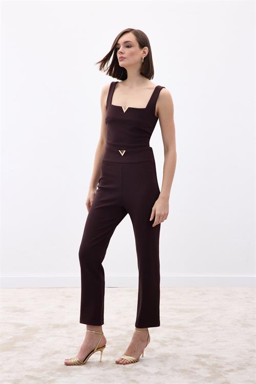 Wholesale Womens Brown High-Waist Trousers with Front V-Shaped Accessory