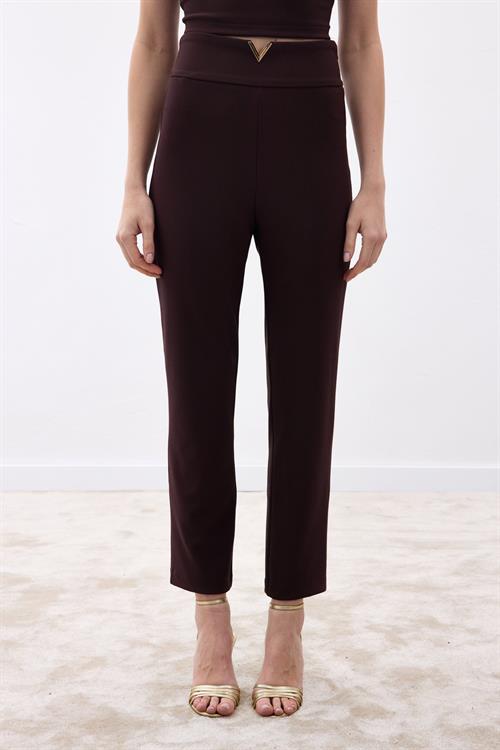 Wholesale Womens Brown High-Waist Trousers with Front V-Shaped Accessory