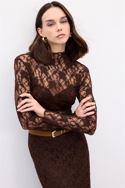 Wholesale Womens Brown Lace Long-Sleeve Blouse