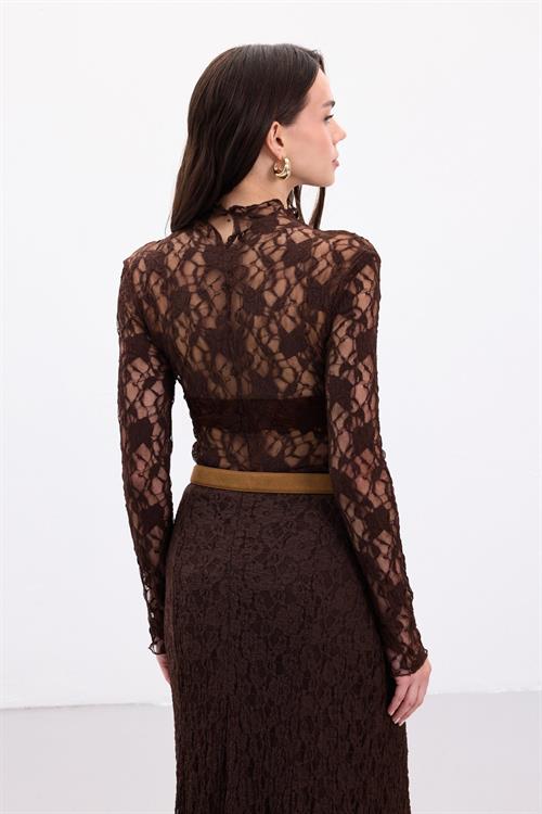Wholesale Womens Brown Lace Long-Sleeve Blouse