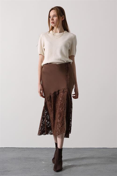 Wholesale Womens Brown Lace Satin Skirt