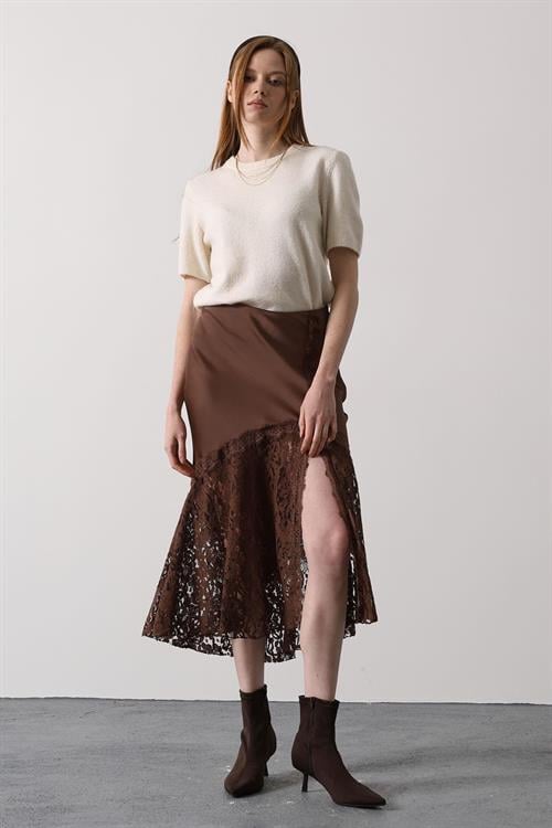 Wholesale Womens Brown Lace Satin Skirt