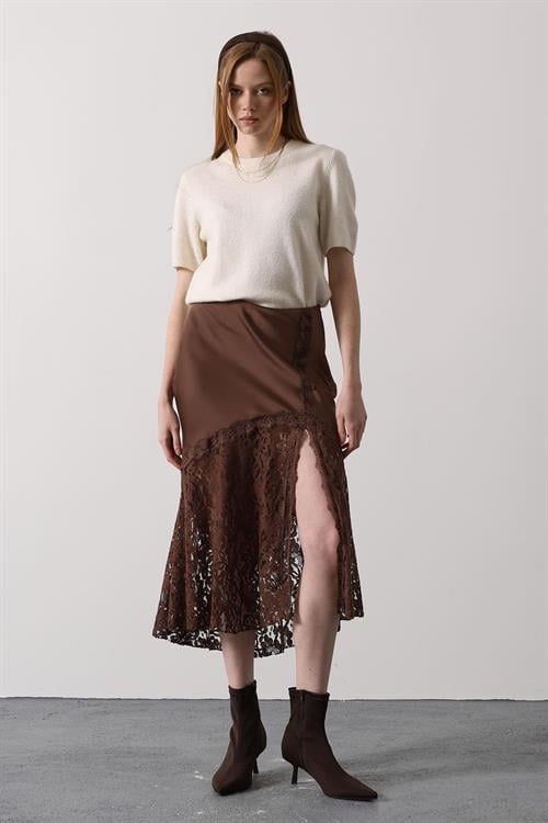 Wholesale Womens Brown Lace Satin Skirt