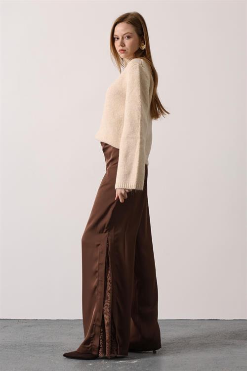 Wholesale Womens Brown Lace Satin Trousers with Side Slits