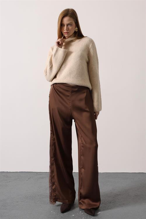 Wholesale Womens Brown Lace Satin Trousers with Side Slits