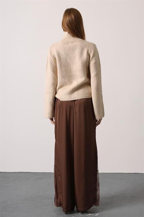 Wholesale Womens Brown Lace Satin Trousers with Side Slits