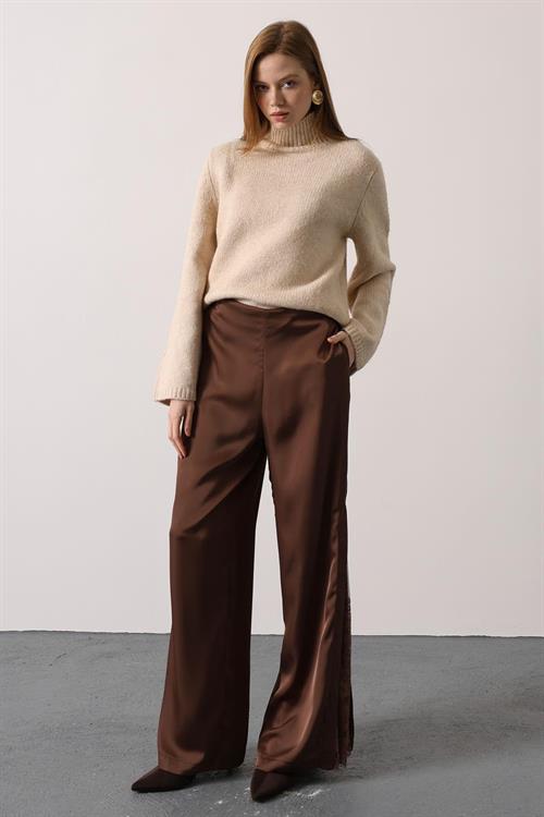 Wholesale Womens Brown Lace Satin Trousers with Side Slits