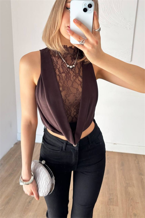 Wholesale Womens Brown Lace Sleeveless Blouse