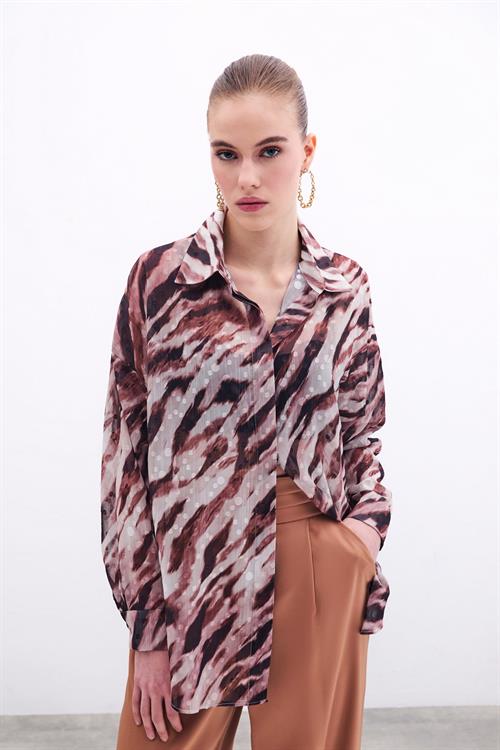 Wholesale Womens Brown Loose-Fit Patterned Shirt