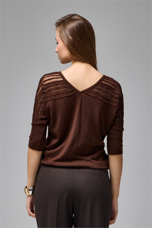 Wholesale Womens Brown Lurex-Thread Textured Yoke Knit Sweater