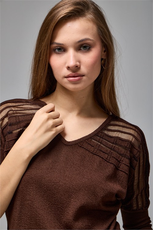 Wholesale Womens Brown Lurex-Thread Textured Yoke Knit Sweater