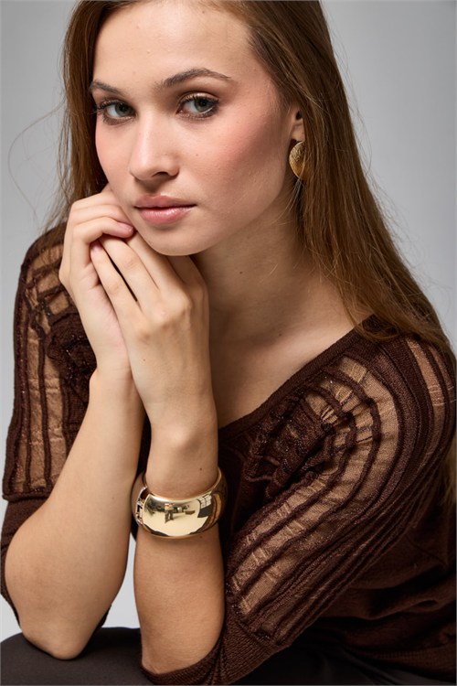 Wholesale Womens Brown Lurex-Thread Textured Yoke Knit Sweater