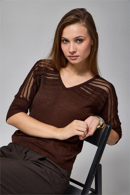 Wholesale Womens Brown Lurex-Thread Textured Yoke Knit Sweater