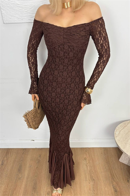 Wholesale Womens Brown Off-Shoulder Lace Maxi Dress