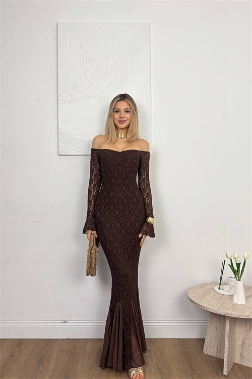 Wholesale Womens Brown Off-Shoulder Lace Maxi Dress
