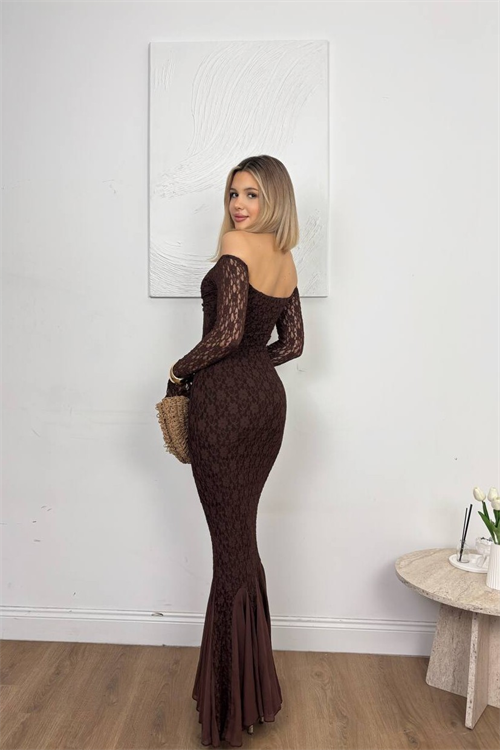 Wholesale Womens Brown Off-Shoulder Lace Maxi Dress