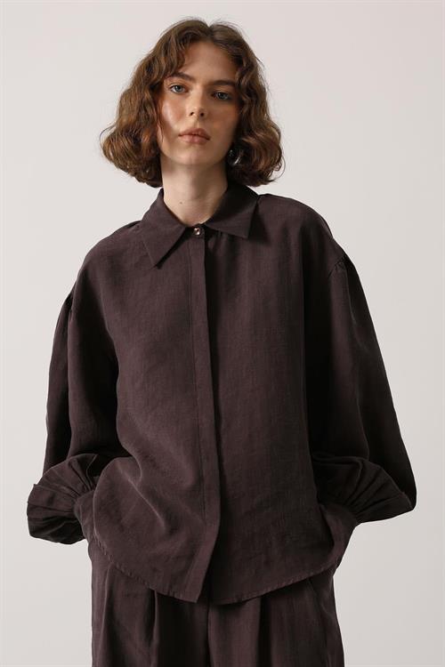 Wholesale Womens Brown Oversized Shirt with Bishop Sleeves