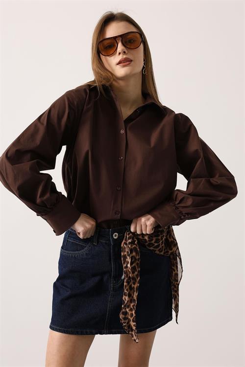 Wholesale Womens Brown Oversized Shirt with Bishop Sleeves