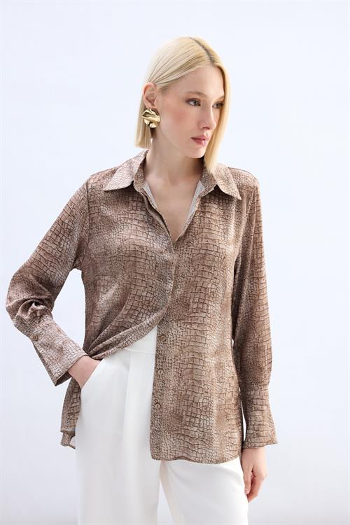 Wholesale Womens Brown Patterned Shirt with Wide Cuffs