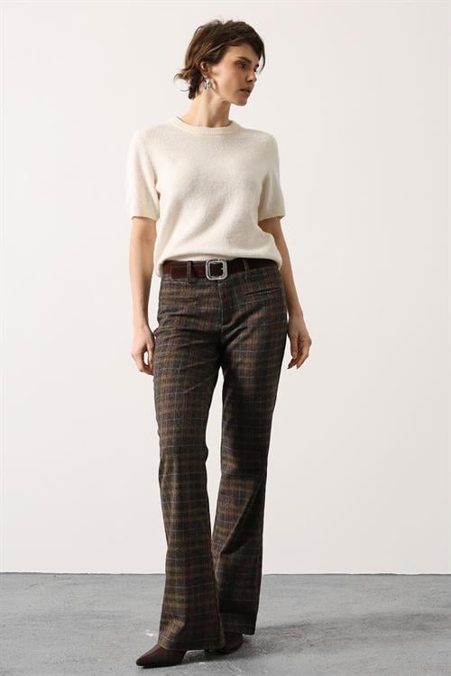 Wholesale Womens Brown Plaid Trousers with Belt