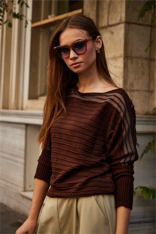 Wholesale Womens Brown Pleated-Texture Mercerized Knit Sweater with Sheer Yoke