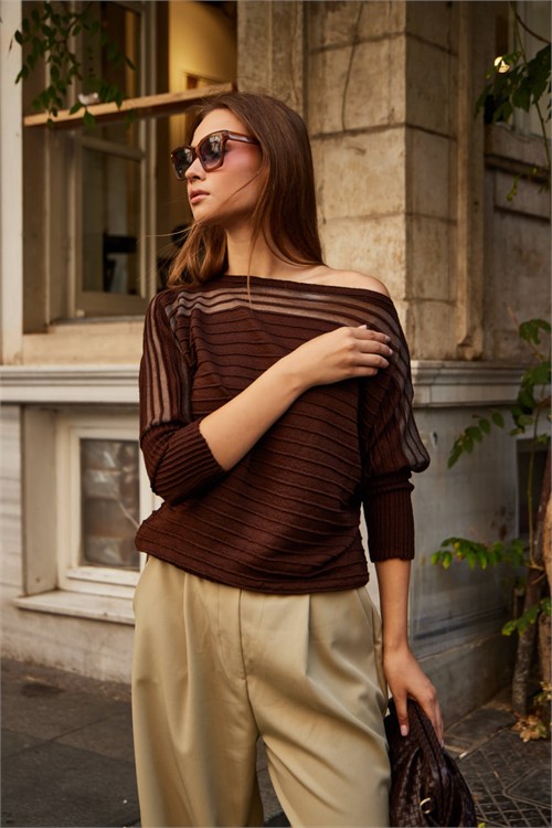 Wholesale Womens Brown Pleated-Texture Mercerized Knit Sweater with Sheer Yoke