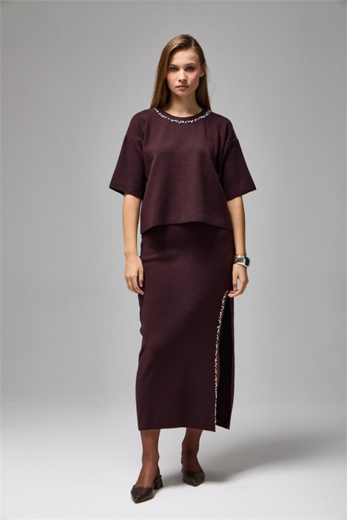 Wholesale Womens Brown Rhinestone-Embellished Viscose Knit Set