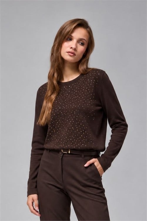 Wholesale Womens Brown Rhinestone-Embellished Crew-Neck Knit Sweater