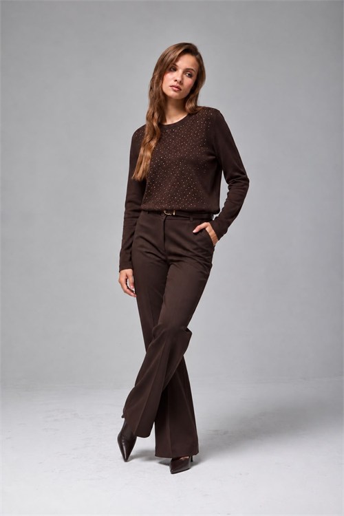 Wholesale Womens Brown Rhinestone-Embellished Crew-Neck Knit Sweater