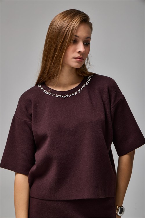 Wholesale Womens Brown Rhinestone-Embellished Viscose Knit Set