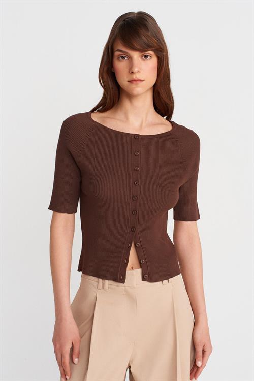 Wholesale Womens Brown Ribbed Buttoned Fine Knit Cardigan