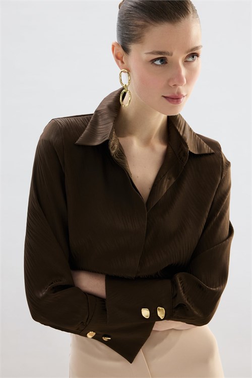 Wholesale Womens Brown Satin Jacquard Shirt with Wide Buttoned Cuffs