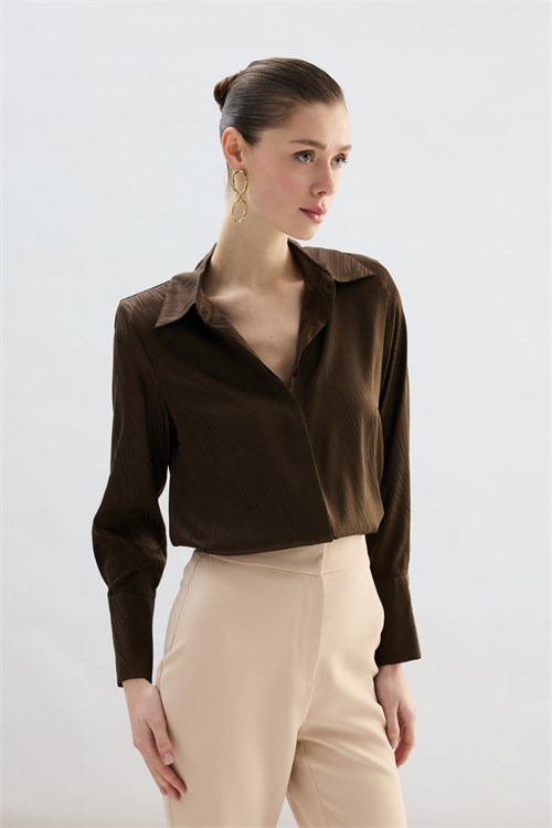 Wholesale Womens Brown Satin Jacquard Shirt with Wide Buttoned Cuffs