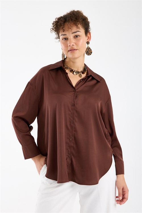 Wholesale Womens Brown Satin Long-Sleeve Shirt