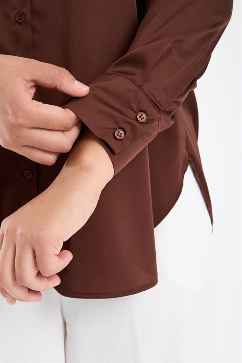 Wholesale Womens Brown Satin Long-Sleeve Shirt